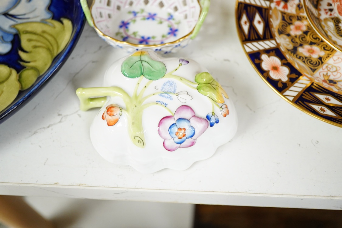 Assorted porcelain to include a Moorcroft oval dish - 23cm long, a collection of Royal Crown Derby teaware and a Robin paper weight, two Herend dishes etc
